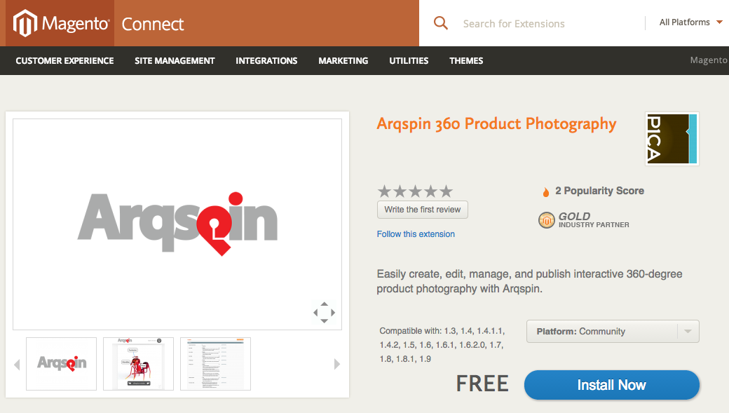 The Arqspin Magento extension is free on Magento Connect